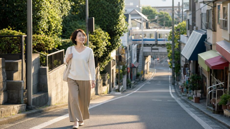 保土ケ谷の街を歩き横浜方面の英会話教室を検討する大人女性