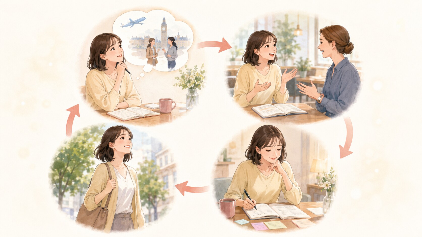 目標・発話・復習・継続で英会話レッスンの効果を高める学習サイクル
