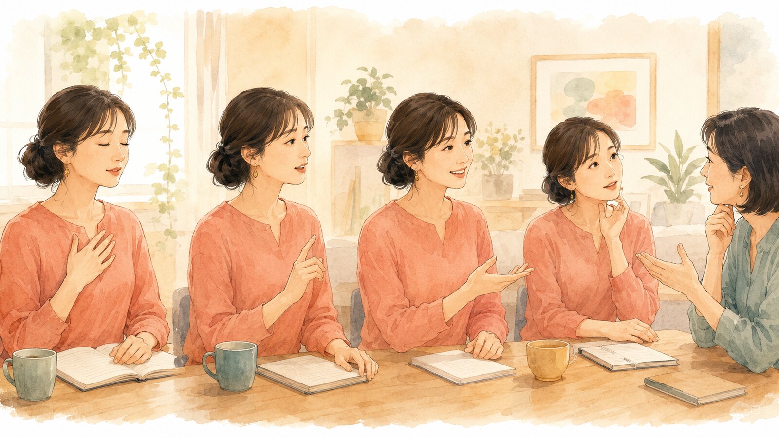 英会話で言葉に詰まったときの対処法を順番に試す大人女性のイラスト