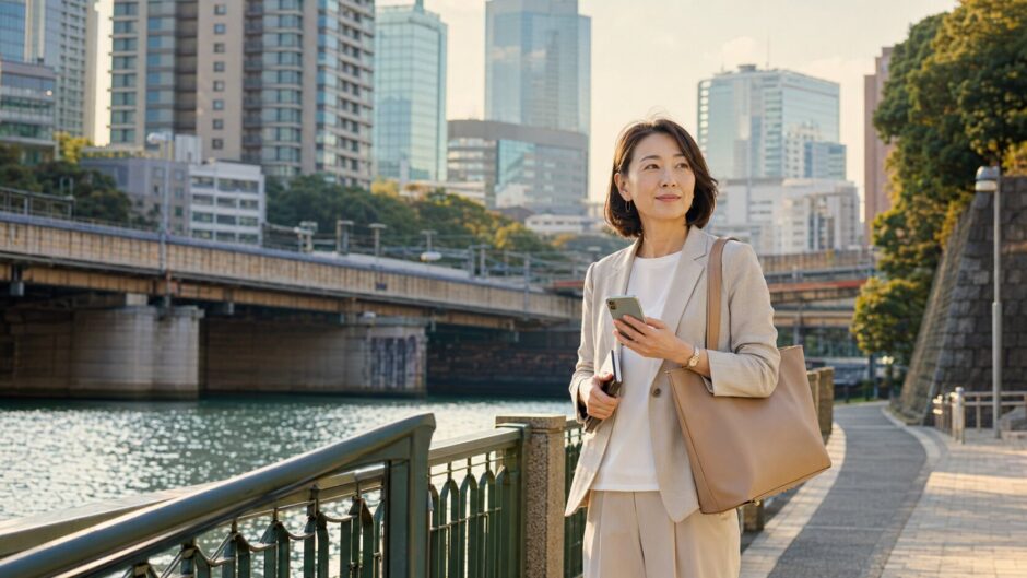 市ヶ谷の外濠沿いを歩く大人女性
