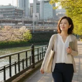 飯田橋の外濠沿いを英会話教室へ向かう大人女性