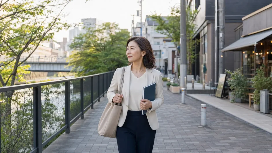 池尻大橋で英会話教室へ向かう大人女性