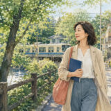 井の頭公園の緑と池、井の頭線を背景に英語ノートを持って歩く大人女性のイラスト