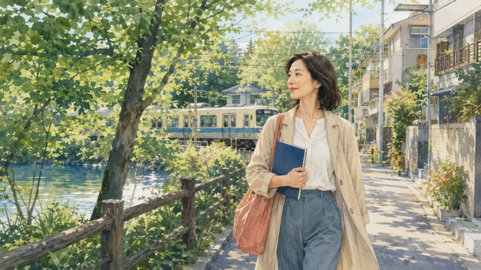 井の頭公園の緑と池、井の頭線を背景に英語ノートを持って歩く大人女性のイラスト