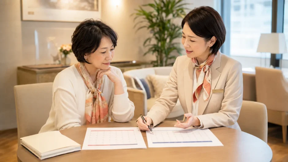 英会話教室の短期集中と週1回の学習計画を相談する大人初心者女性