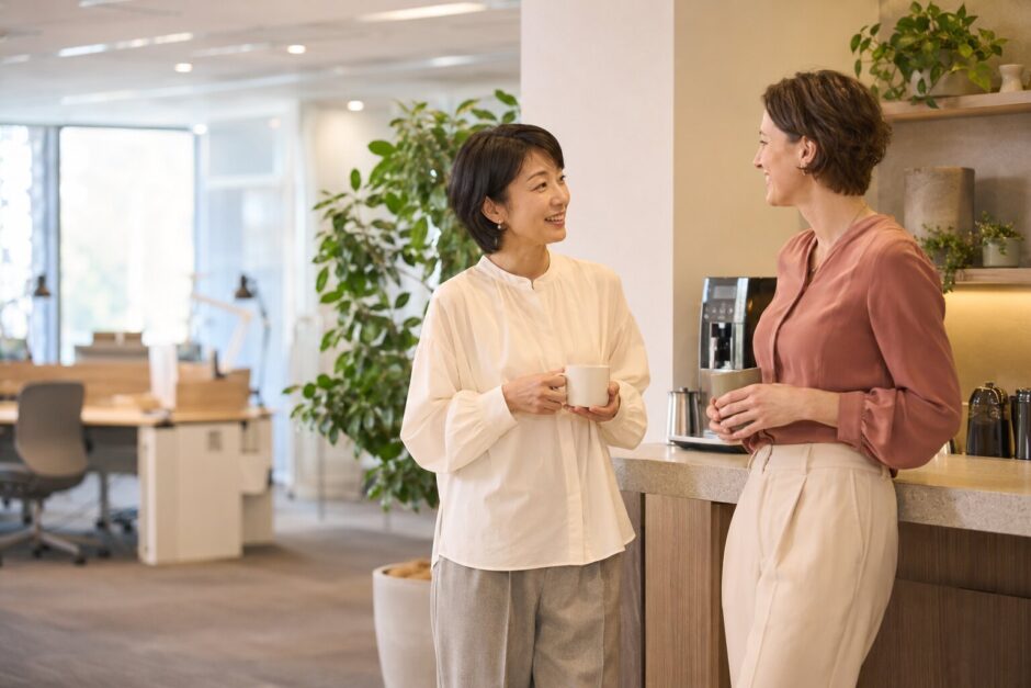 職場のコーヒースペースで外国人の同僚と英語で挨拶する大人女性