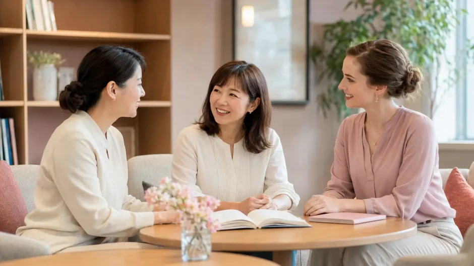 日本人講師と外国人講師の特徴を比較しながら相談する英会話初心者の大人女性