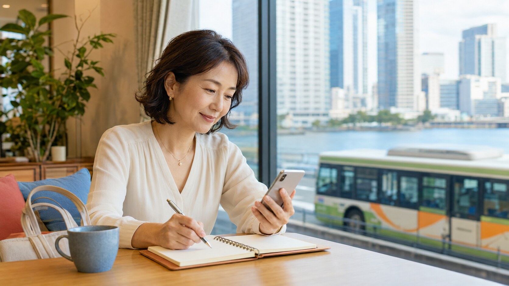 勝どきの水辺を望む場所で銀座への英会話通学予定を考える大人女性