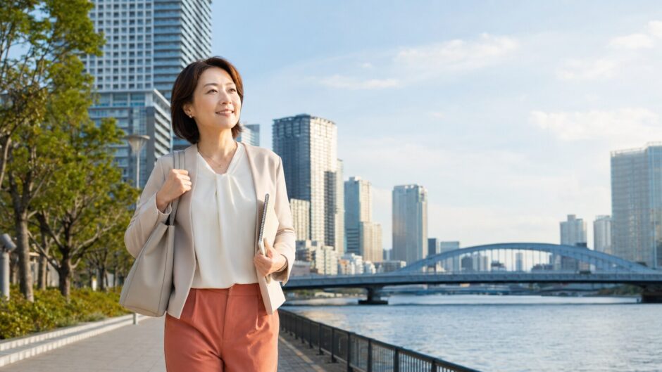 勝どきの水辺を英会話レッスンへ向かって歩く大人女性