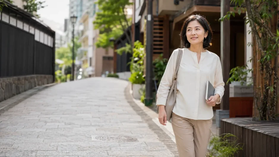 神楽坂の街で英会話教室へ向かう大人女性