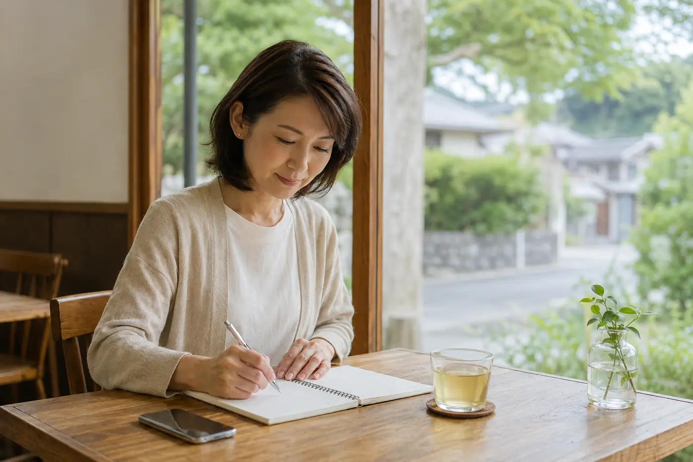 鎌倉の落ち着いたカフェで英会話の予習をする大人女性