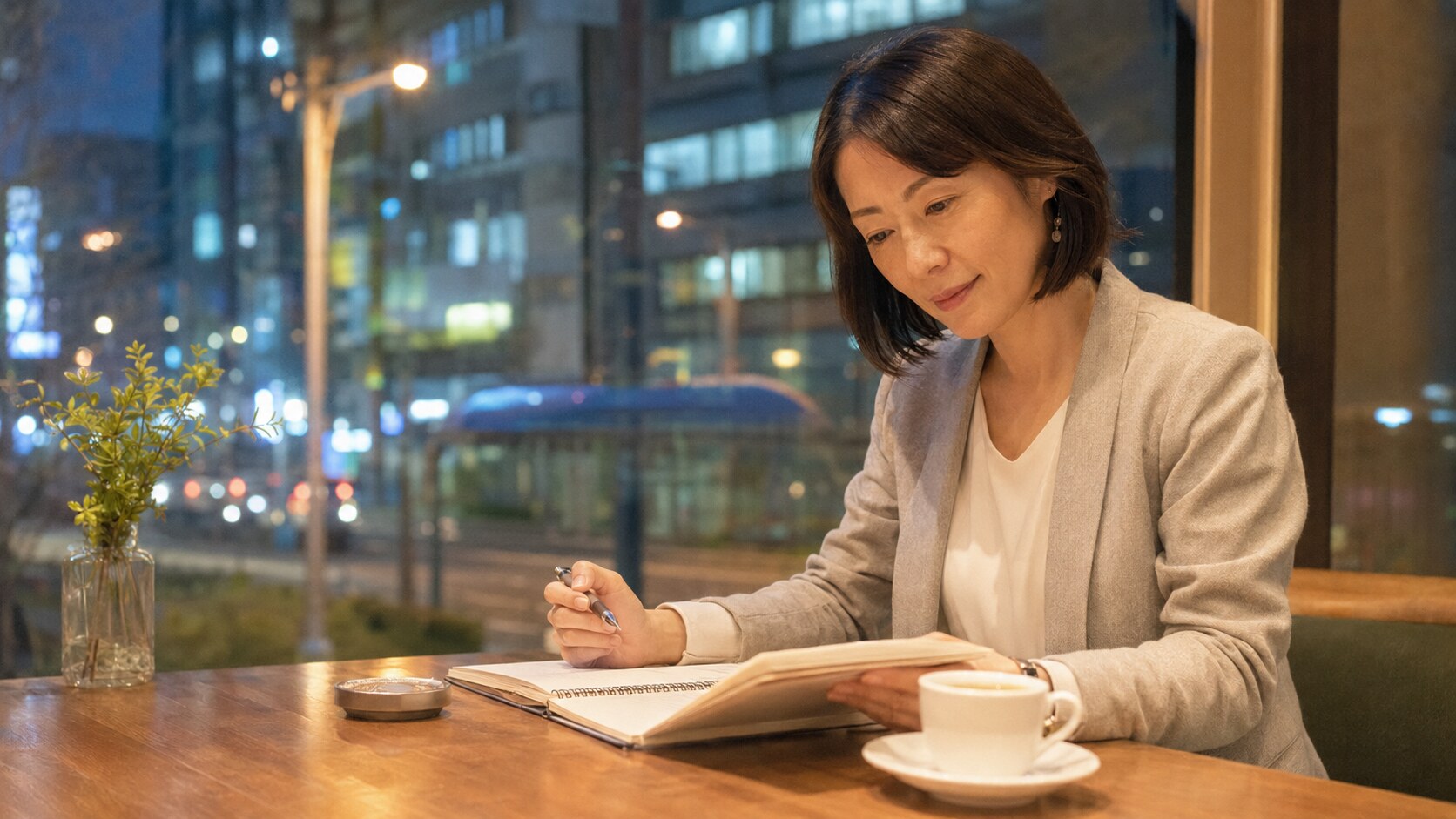 関内のカフェで仕事帰りに英会話レッスンの予習をする大人女性