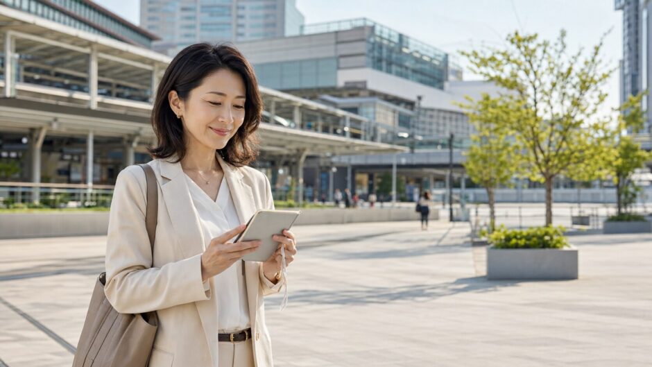 川崎駅周辺で自分に合う英会話教室を調べる大人女性