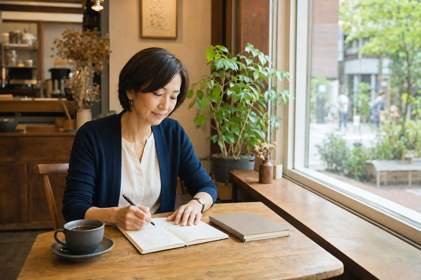 吉祥寺の落ち着いたカフェで英会話の予習をする大人女性