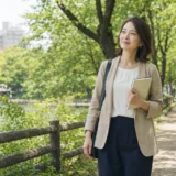井の頭公園の緑の中をノートを持って歩く大人女性
