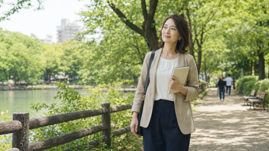 井の頭公園の緑の中をノートを持って歩く大人女性