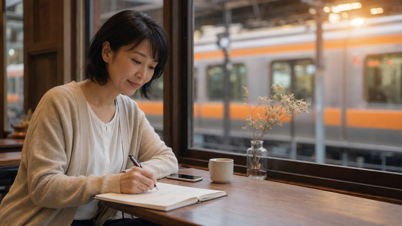 高円寺駅近くのカフェで英会話レッスンの準備をする大人女性