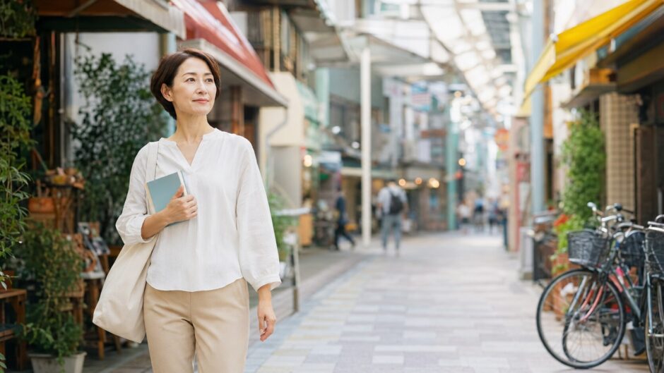 高円寺の商店街を英語学習ノートを持って歩く大人女性