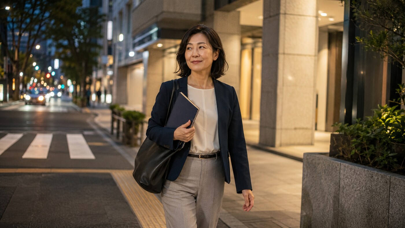 仕事帰りに英会話レッスンを受けて麹町方面へ帰る大人女性