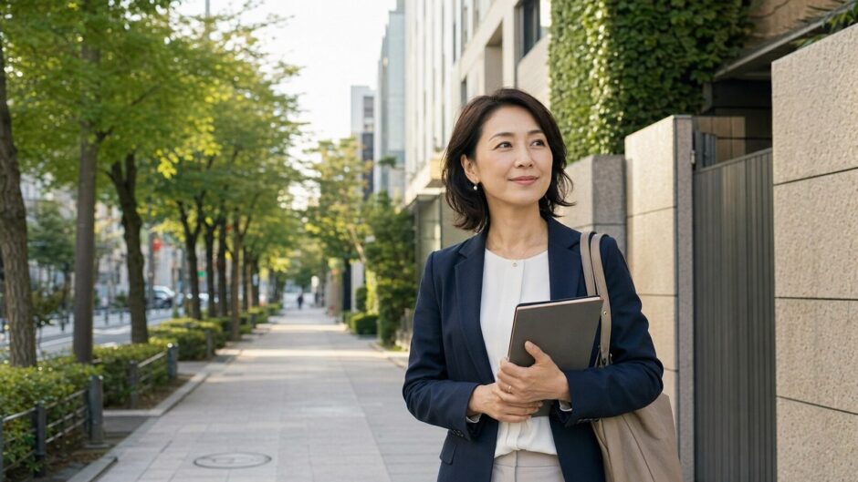 麹町で銀座や渋谷方面の英会話教室を検討する大人女性