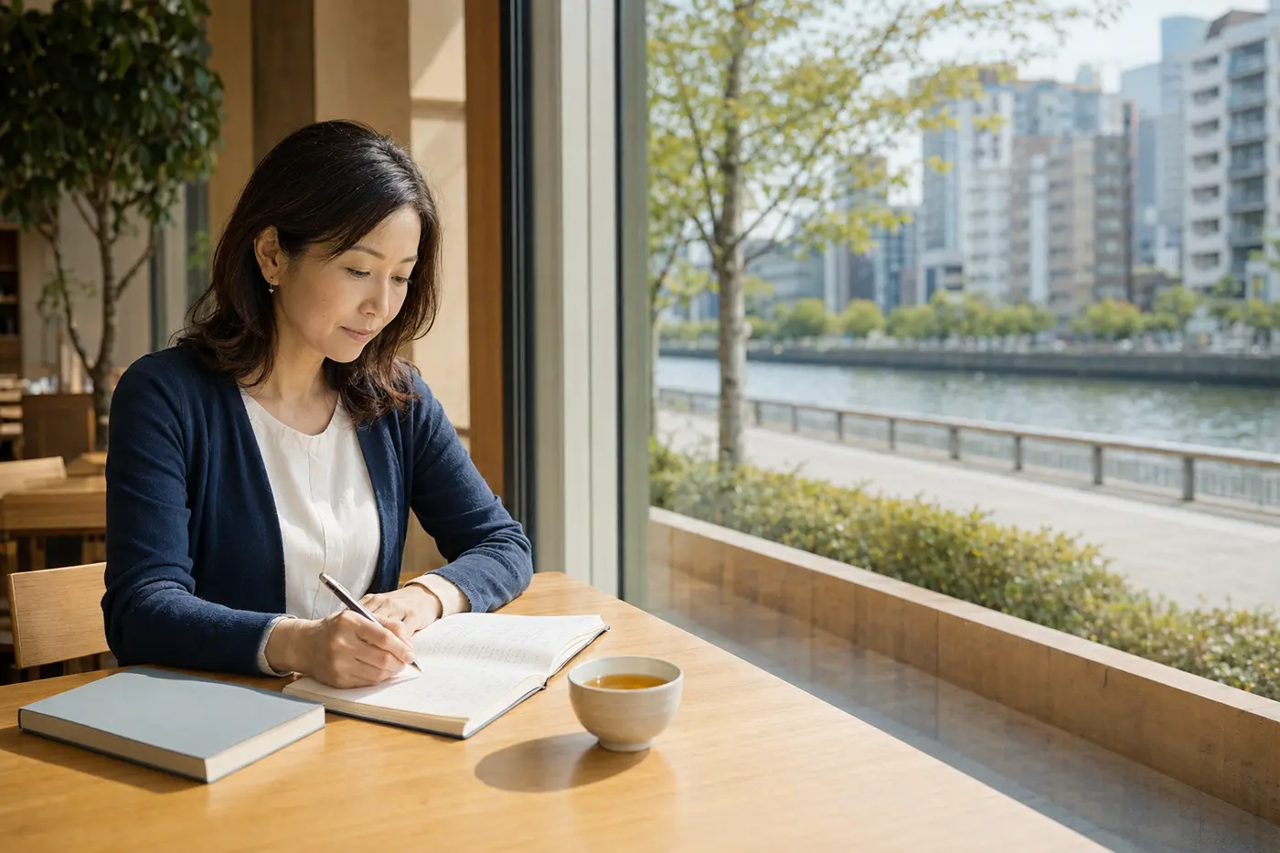 江東区の水辺に近いカフェで英会話の予習をする大人女性