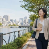 江東区の水辺の遊歩道をノートを持って歩く大人女性