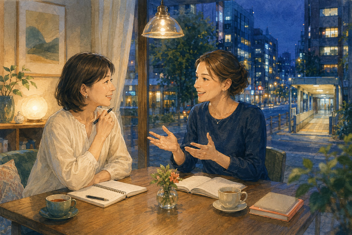 渋谷の落ち着いた教室でマンツーマン英会話を学ぶ久我山在住の大人女性のイラスト