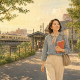 久我山の落ち着いた街並みと井の頭線、英語ノートを持って駅へ向かう大人女性のイラスト