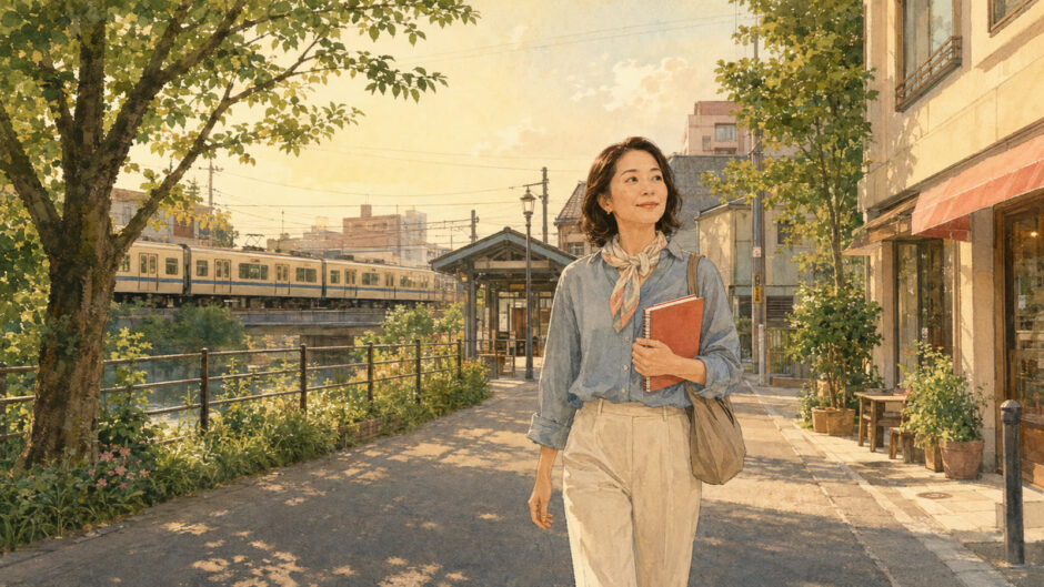 久我山の落ち着いた街並みと井の頭線、英語ノートを持って駅へ向かう大人女性のイラスト