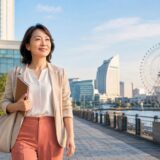 みなとみらいで横浜方面の英会話教室へ向かう大人女性