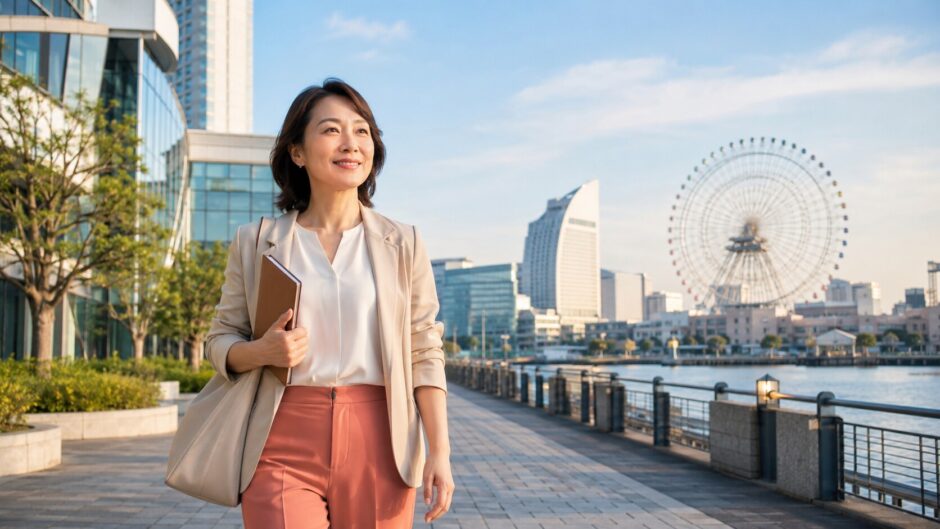 みなとみらいで横浜方面の英会話教室へ向かう大人女性