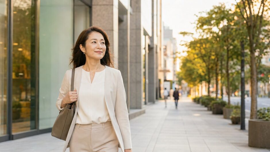 三田のオフィス街を仕事帰りに歩く大人女性