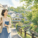 三鷹台の緑豊かな住宅街と井の頭線、英語ノートを持って駅へ向かう大人女性のイラスト