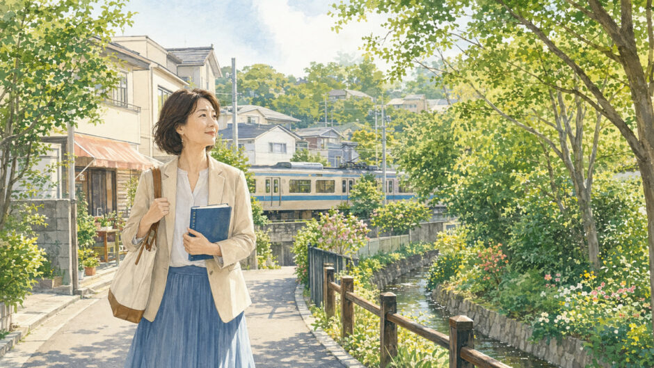 三鷹台の緑豊かな住宅街と井の頭線、英語ノートを持って駅へ向かう大人女性のイラスト