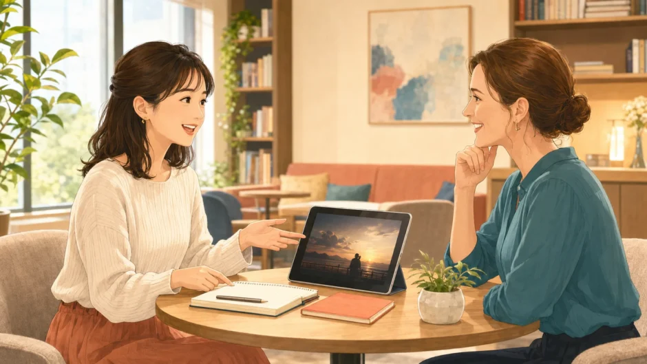 映画や海外ドラマについて外国人講師と英語で話す大人の初心者女性