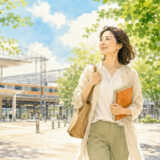 武蔵小金井の緑ある駅前で英会話ノートを持つ大人女性