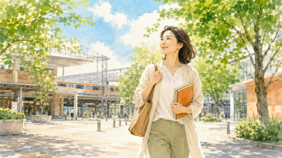 武蔵小金井の緑ある駅前で英会話ノートを持つ大人女性