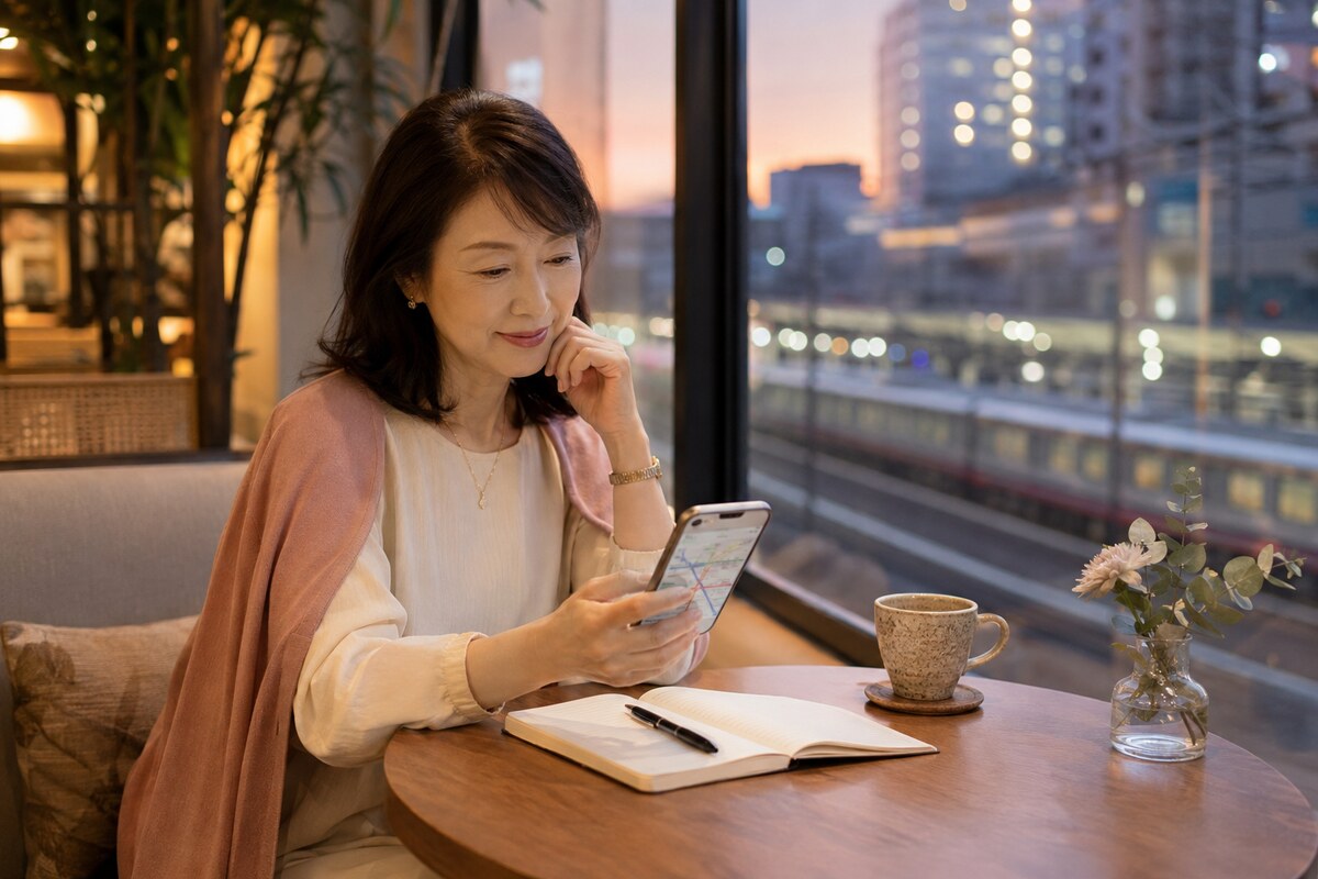武蔵小杉から横浜と渋谷への通学動線をスマートフォンで比べる大人女性