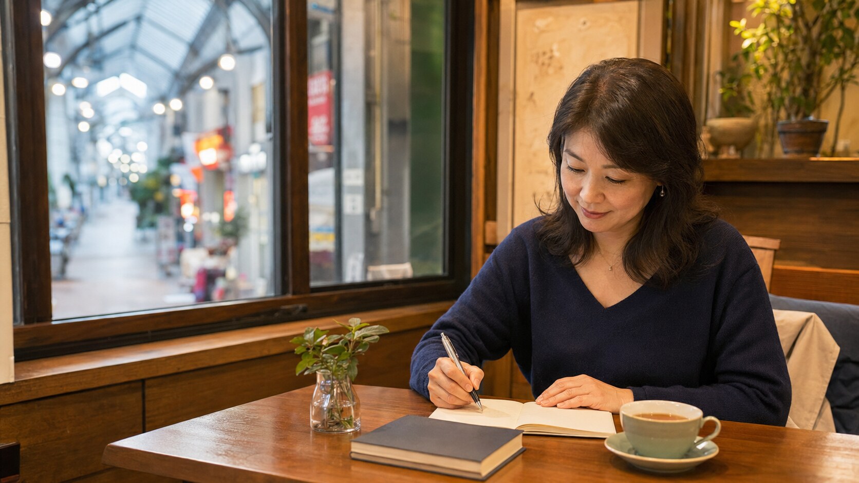 武蔵小山の商店街沿いのカフェで英会話を予習する大人女性