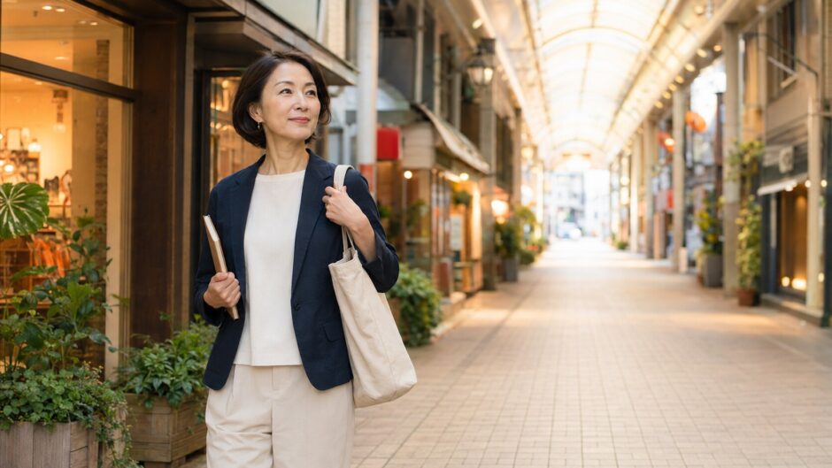 武蔵小山の商店街を英会話レッスンへ向かって歩く大人女性