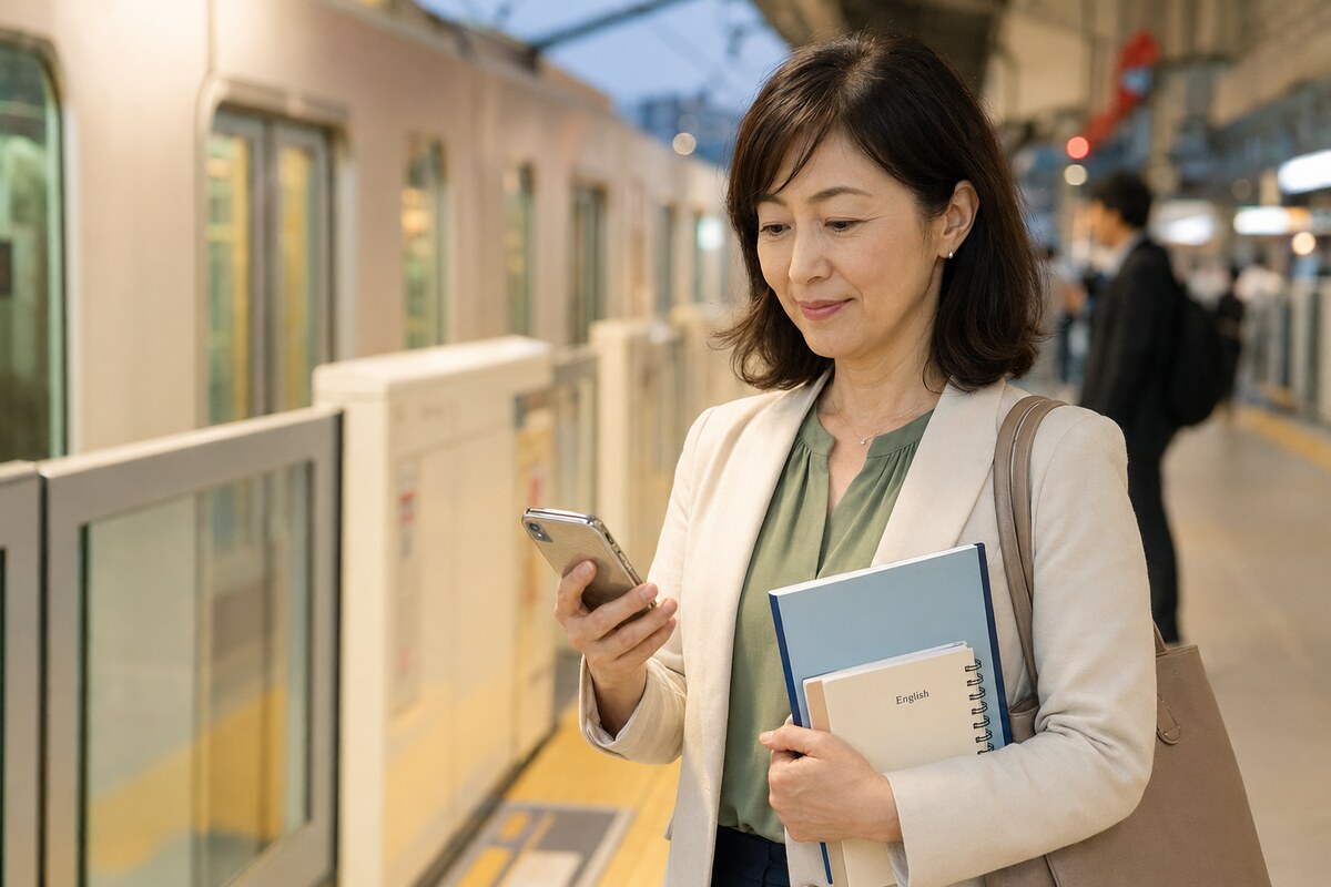 中目黒から渋谷の英会話教室へ東横線で向かう大人女性