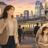 中野から新宿の英会話教室へ向かう大人女性