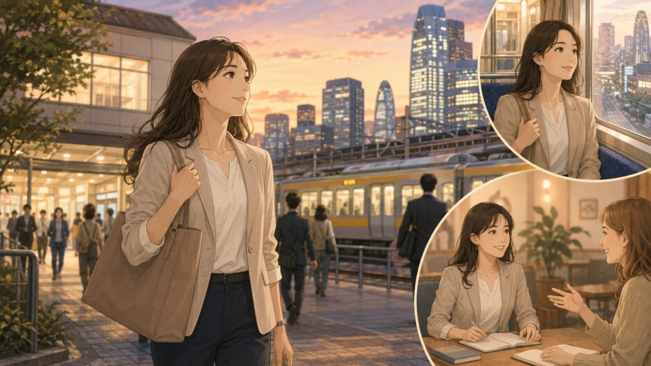中野から新宿の英会話教室へ向かう大人女性