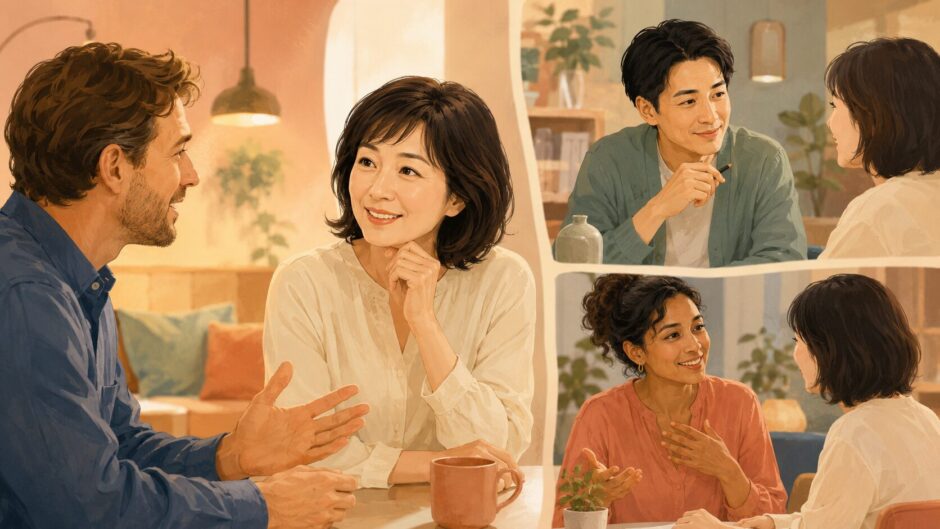 国籍や母語の異なる複数の英会話講師が大人初心者の話を丁寧に聞くレッスン