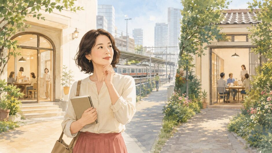 近くの英会話教室と少し離れた教室を比較する大人女性