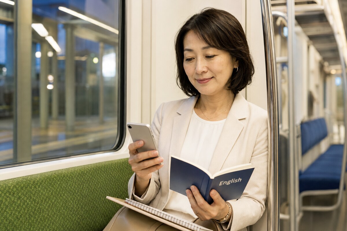 練馬から新宿方面の英会話教室へ電車で向かう大人女性