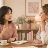 外国人講師との英会話に緊張しながらも話し始める大人女性