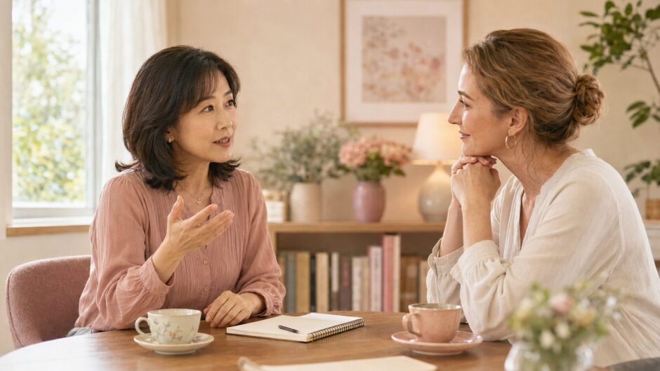 外国人講師との英会話に緊張しながらも話し始める大人女性
