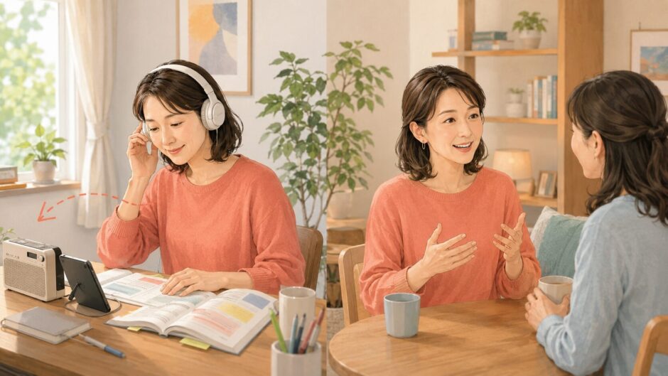 ラジオ英会話を聞いた後、学んだ表現を会話で使う大人の初心者