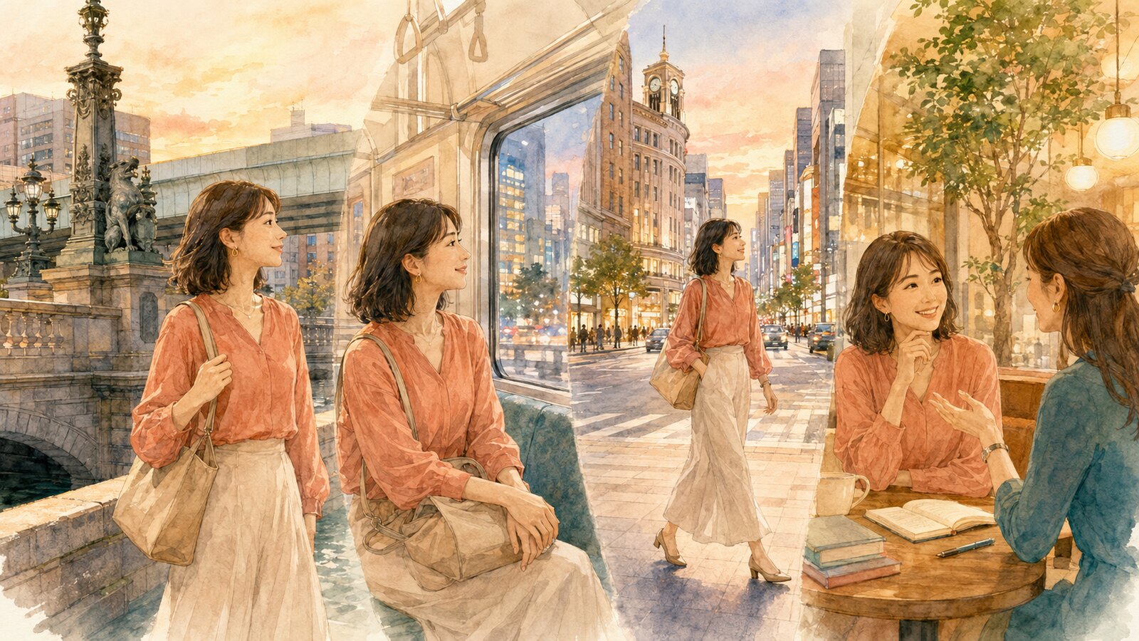 日本橋から銀座へ移動して英会話教室に通う大人女性のイラスト
